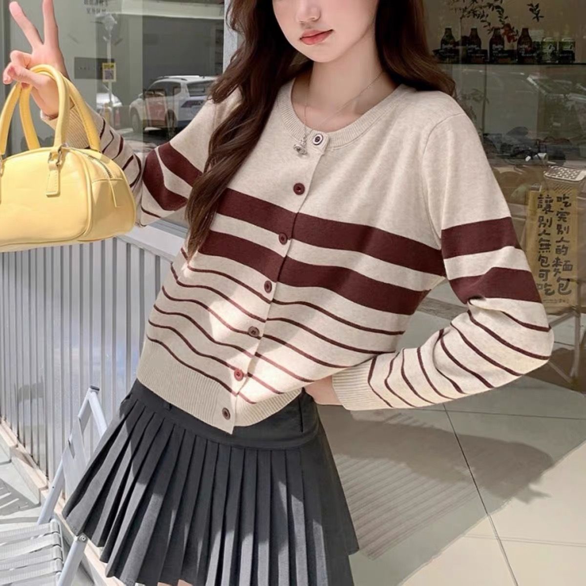 Hong Kong Style Striped Knit Cardigan Sweater Women Spring Autumn Loose Slimming Long Sleeve Knit Top - Image 4