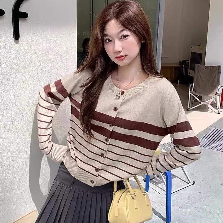 Hong Kong Style Striped Knit Cardigan Sweater Women Spring Autumn Loose Slimming Long Sleeve Knit Top