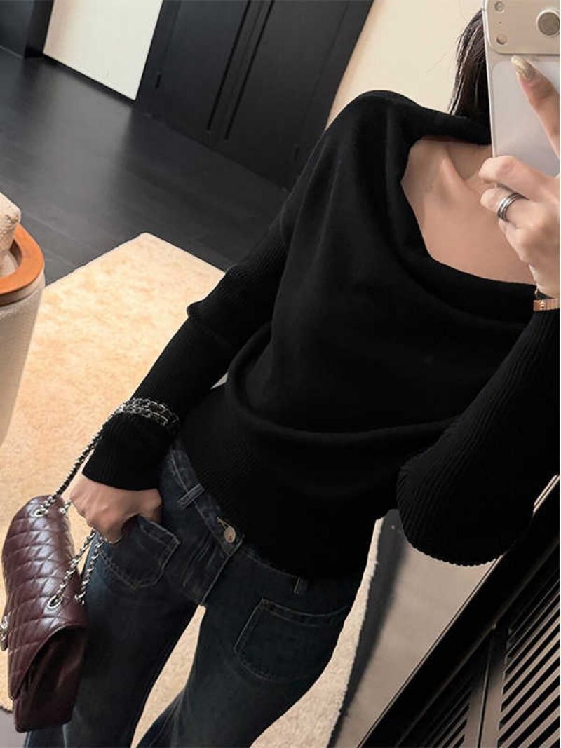 Women’s Off-Shoulder Asymmetric Long Sleeve Knit Sweater