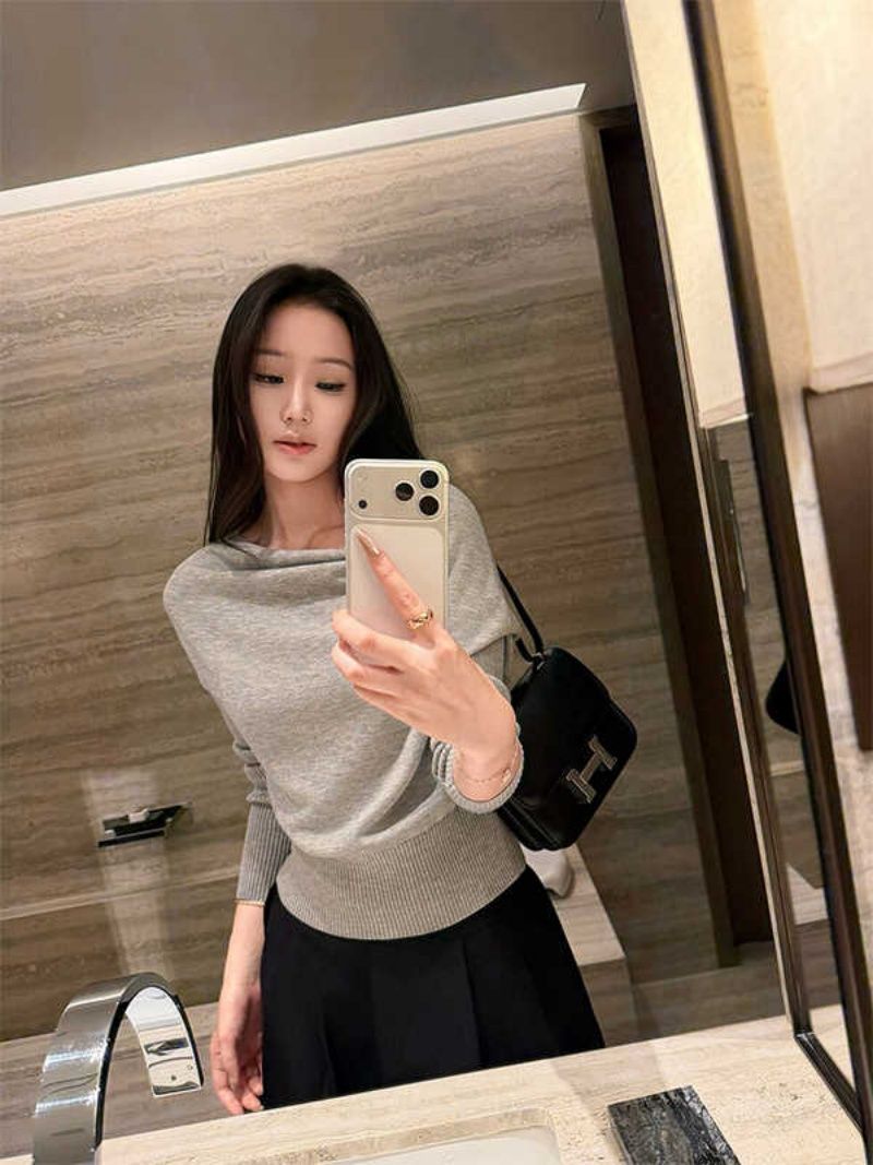 Women’s Off-Shoulder Asymmetric Long Sleeve Knit Sweater