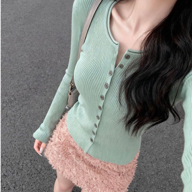 Korean Style Mint Green Long Sleeve Knit Sweater Women 2026 Slim Fit Cardigan Pullover