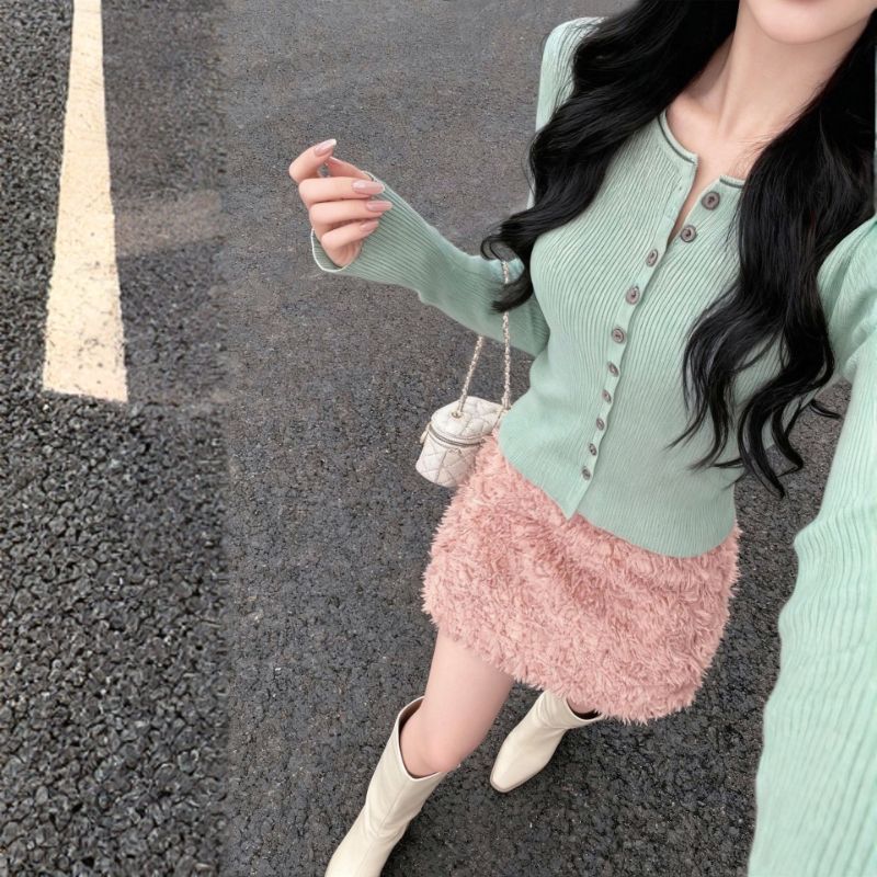 Korean Style Mint Green Long Sleeve Knit Sweater Women 2026 Slim Fit Cardigan Pullover