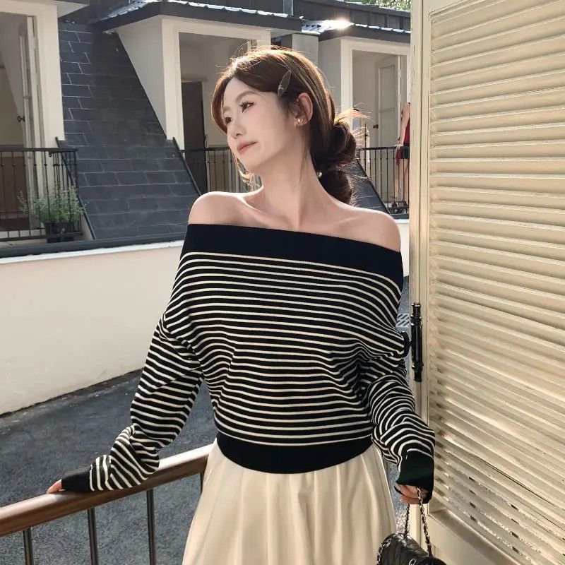 Korean Style Striped One-Shoulder Slim Knit Top Spring Long Sleeve