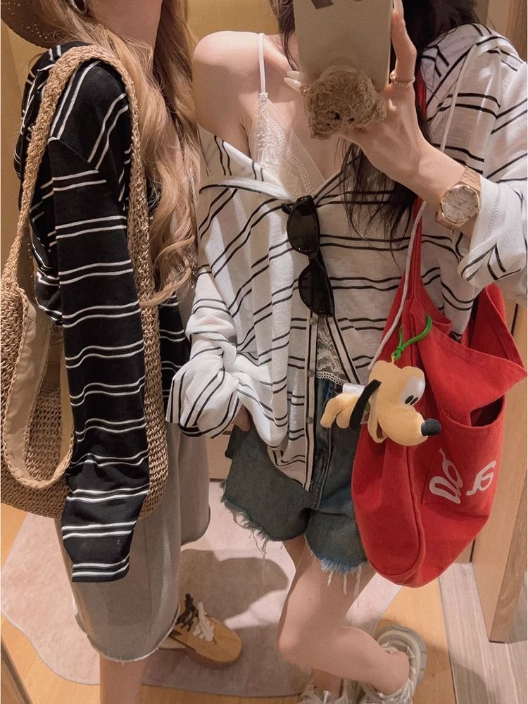 Striped Long Sleeve Hooded Cardigan Thin Autumn Lazy Style Striped T-Shirt New Arrival