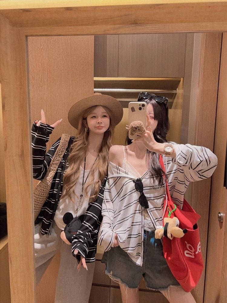 Striped Long Sleeve Hooded Cardigan Thin Autumn Lazy Style Striped T-Shirt New Arrival