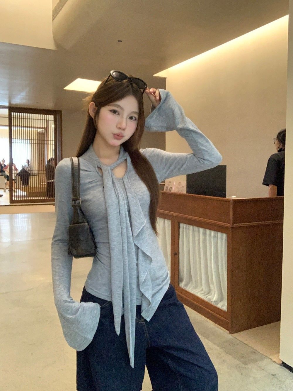 100% Wool V-Neck Halter Ribbon Bell Sleeve Knit Top for Women - Image 4