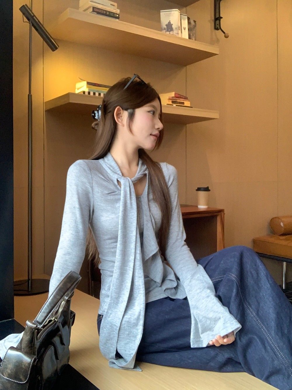 100% Wool V-Neck Halter Ribbon Bell Sleeve Knit Top for Women - Image 3