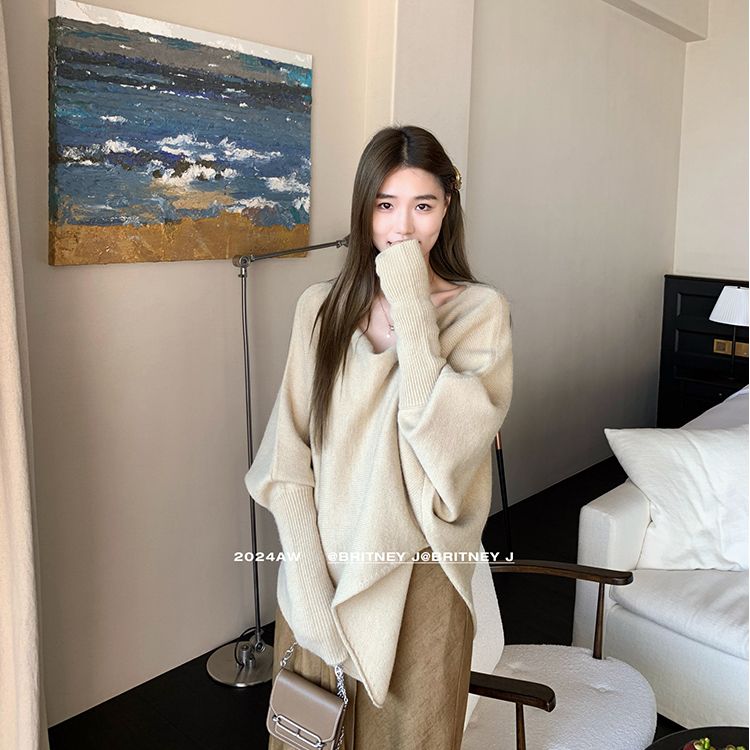 Batwing Sleeve Irregular Knit Sweater Women 2026 Autumn Loose Lazy Style Long Sleeve Top New Arrival